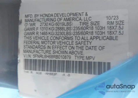 2024 Honda Odyssey Ex-L from USA, damaged, VIN 5FNRL6H68RB010879